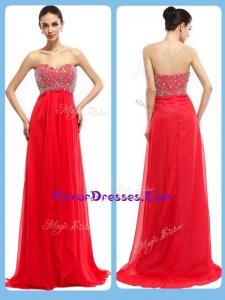 2016 Simple Sweetheart Brush Train Beading Sweet Prom Dresses in Red