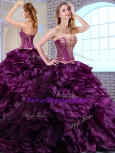 Exquisite Brush Train Dark Purple Sweet 16 Dresses with Ruffles and Appliques