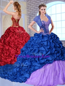 2016 New Style Sweetheart Brush Train Pick Ups and Appliques Quinceanera Dresses