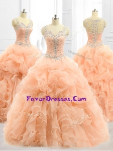 Custom Made Straps Beading and Ruffles Quinceanera Dresses in Peach