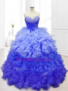 Custom Made Sweetheart Blue Quinceanera Gowns with Beading and Ruffles