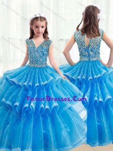 2016 Pretty V Neck Baby Blue Little Girl Pageant Dresses with Ruffled Layers