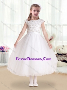 Cheap Bateau Cap Sleeves Flower Girl Dresses with Appliques