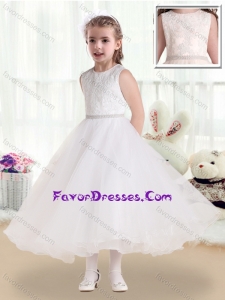 Cheap Scoop Tea Length Flower Girl Dresses with Lace