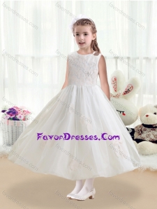 Cheap Scoop Tea Length White Flower Girl Dresses with Appliques