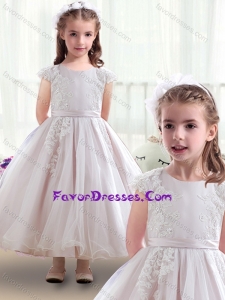 Cheap Scoop Cap Sleeves Flower Girl Dresses with Appliques