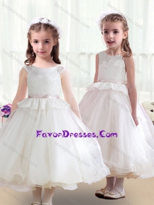 Cheap Tea Length White Flower Girl Dresses with Appliques