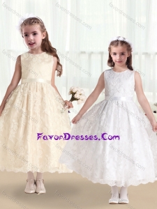 Cheap Scoop Lace and Belt Flower Girl Dresses in White
