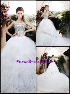 2016 Ball Gown Chapel Train Wedding Dresses with Beading and Ruffles