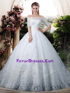 2016 Ball Gown Off the Shoulder Lace Chapel Train Wedding Dresses with Half Sleeves