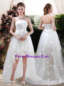 2016 Modern Strapless Appliques and Belt Zipper Up Wedding Dresses with High Low