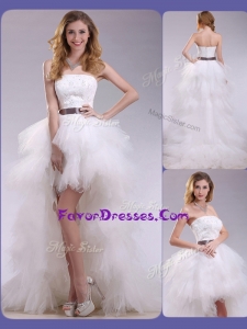 2016 Romantic High Low Ruffles and Belt Wedding Dresses with Zipper Up
