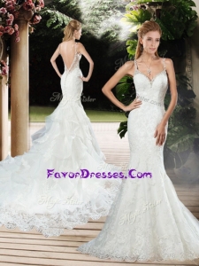 2016 Straps Beaded and Lace Wedding Dresses with Court Train
