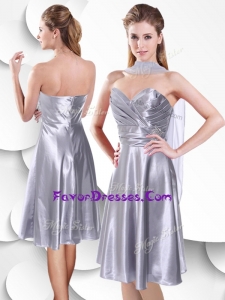 2016 Best Empire Elastic Woven Satin Silver Bridesmaid Dress with Beading and Ruching