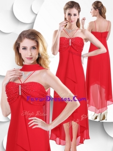 Cheap Spaghetti Straps High Low Red Bridesmaid Dress with Beading