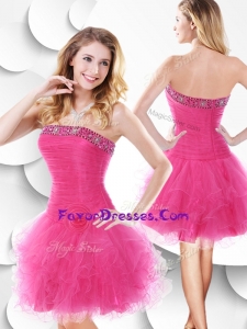 Cheap Strapless Hot Pink Bridesmaid Dress with Beading and Ruffles