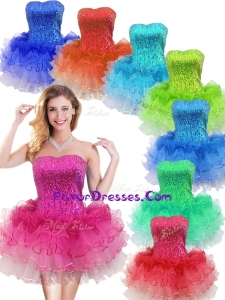 Colorful Strapless Short Dama Dress with Sequins and Ruffles