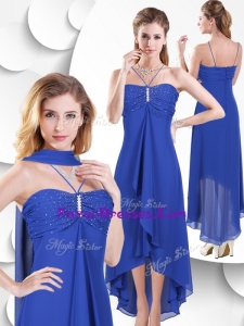 Simple Spaghetti Straps High Low Blue Dama Dress with Beading