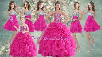 Pretty Hot Pink Beaded and Ruffled Quinceanera Dress and Short Sequined Dama Dresses and Strapless Mini Quinceanera Dres