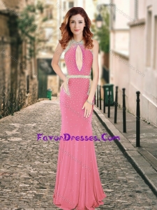 2016 High Neck Beaded Backless Pink Bridesmaid Dress with Brush Train