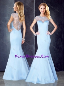 2016 See Through Back Beaded Light Blue Bridesmaid Dress with Cap Sleeves