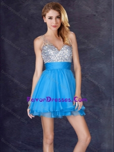 Hot Sale Backless Chiffon Baby Blue Short Bridesmaid Dress with Sequins
