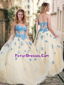 Pretty Visible Boning Tulle Champagne Bridesmaid Dress with Blue Appliques