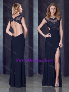 Column Backless Applique Black Dama Dress with Beading and High Slit