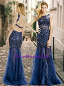 Column Square Beaded Backless Navy Blue Dama Dress in Tulle