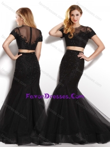 Hot Sale Two Piece Scoop Black Bridesmaid Dress with Short Sleeves