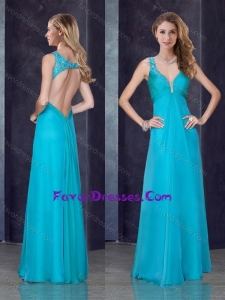 Simple Empire Straps Beaded and Applique Dama Dress in Teal