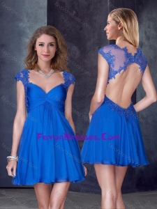 V Neck Backless Blue Dama Dress with Appliques and Beading