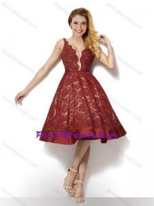 Wonderful Deep V Neckline Backless Laced Bridesmaid Dress in Red