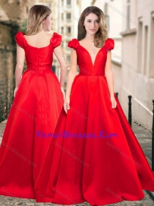 Exquisite Deep V Neckline Cap Sleeves Dama Dress in Red