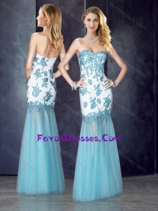 Beautiful Column Applique Aqua Blue Stylish Prom Dress in Tulle