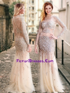 Column High Neck Beaded Champagne Stylish Prom Dress with Long Sleeves