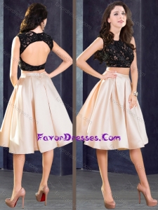 Elegant Two Piece Open Back Prom Stylish Dress in Champagne and Black
