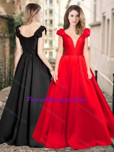 Exclusive Cap Sleeves Satin Stylish Prom Dress with Deep V Neckline