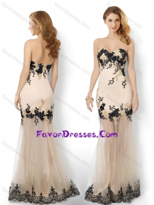 Popular Tulle Column Applique Stylish Prom Dress in Champagne