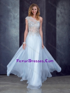 See Through Back One Shoulder Applique Stylish Prom Dress in Light Blue