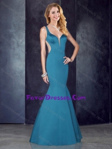 Mermaid Straps Teal Satin Sweet Prom Dress with See Through Back