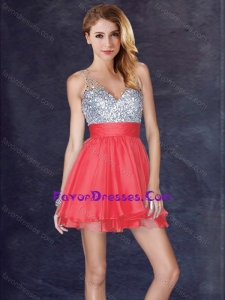 Modest Backless V Neck Sequined Sweet Short Prom Dress in Coral Red