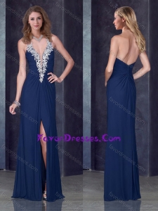 Navy Blue Halter Top Sweet Prom Dress with High Slit and Appliques