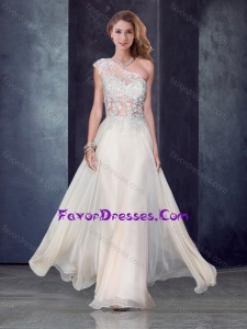 One Shoulder Applique Champagne Sweet Prom Dress with See Through Back