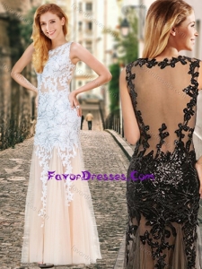See Through Back Scoop Champagne Sweet Prom Dress with Appliques
