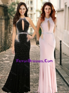 Simple High Neck Beaded Backless Sweet Prom Dress with Brush Train