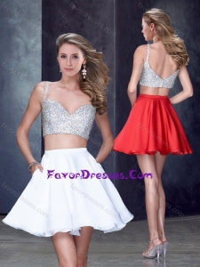 Two Piece Straps White Short Sweet Prom Dress with Beading