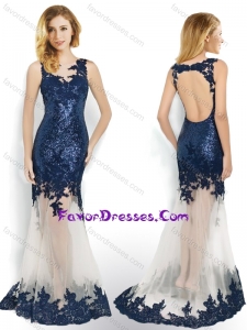 Beautiful Sequined and Applique Navy Blue Sweet Prom Dress with Brush Train