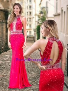 Column High Neck Backless Beaded Coral Red Latest Prom Dress