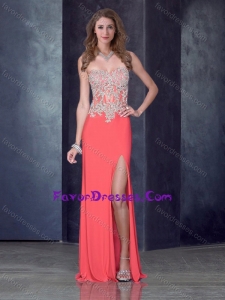 Column Watermelon Red Latest Prom Dress with High Slit and Appliques